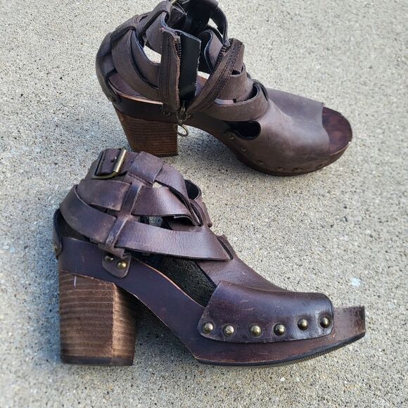 Denim & Supply Ralph Lauren Brown Leather Wooden Block Heel Platform Studded 8 - Picture 1 of 15